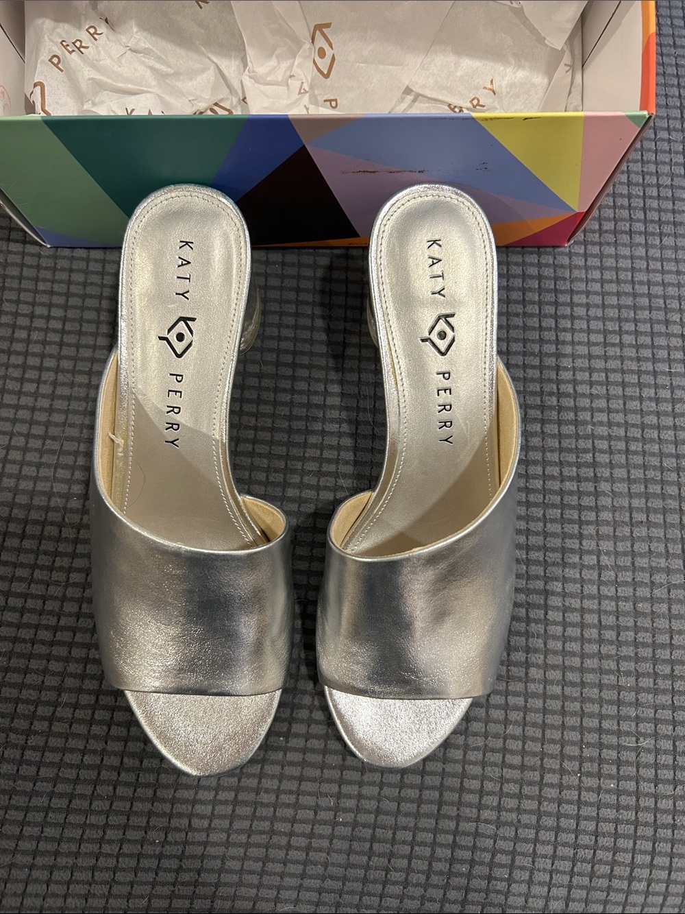KATY PERRY Collections Metallic Silver Clear Block Heel Mules. Size 8 - Picture 7 of 9
